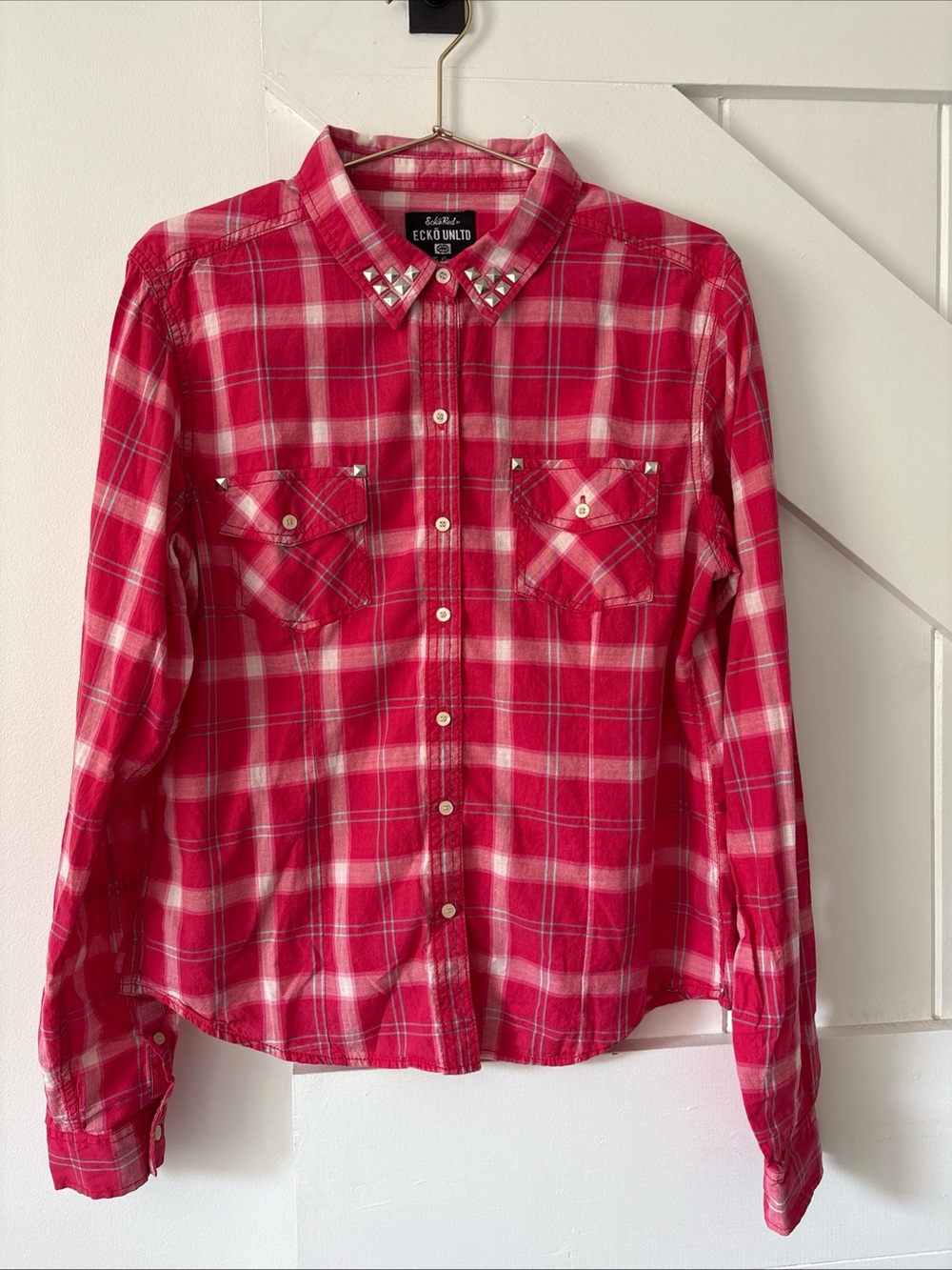 ECKO UNLTD Ecko Red Button Up Women’s Shirt Plaid Studded X Large Western